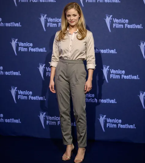 The image is a high-resolution photograph featuring a woman standing on a dark blue carpet in front of a backdrop with the Venice Film Festival logo, consisting of a stylized bird and the number "76" in white. The woman has a fair complexion and shoulder-l...