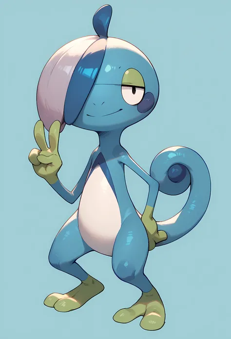 score_9, score_8_up, score_7_up, score_6_up, score_5_up, score_4_up, <lora:DrizzileF:0.95> ,drizzf, no humans, colored skin, blue skin, black eyes, hair over one eye, furry, tail, full body, smile, v sign, 
light blue background, simple background,