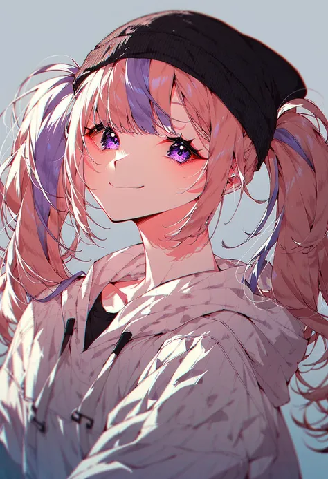 score_9, score_8_up, score_7_up, score_6_up, 1girl, bangs, baseball cap, beanie, closed mouth, long hair, looking at viewer, multicolored hair, purple eyes, smile, solo, streaked hair, twintails, two-tone hair, virtual youtuber,