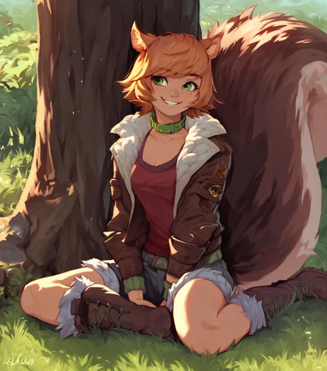 score_9, score_8, female, beautiful, detailed, squirrel girl, clothed, jacket, shorts,  green eyes, green collar, boots, outside, grass, sit, resting, candid, tree, happy, solo, shaded
 <lora:squirrel girl xl 1024 v1 rank128 pony:1>