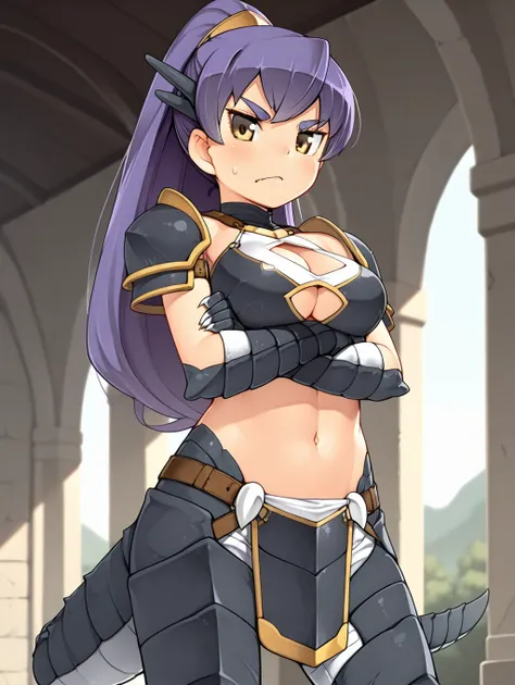 1girl, Papiadult, purple hair, pony tail, horns, yellow eyes, dragon tail, dragon girl, scales, dragon legs, claws, armor, chestplate, pauldrons, midriff, navel, shirtless, sleeveless shite crop top, cleavage, cutout,

looking at viewer, standing, crossed ...