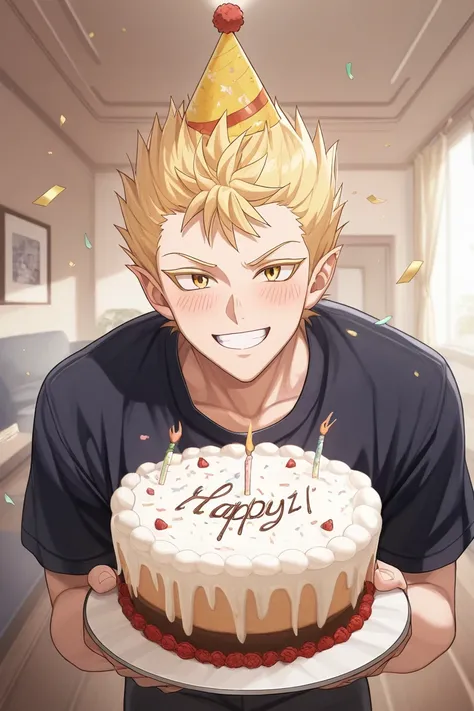 realistic shading, male focus, leaning forward, looking at viewer, cute expressive face, sabnockwdik, blonde_sabnockwdik_spiked hair, yellow_sabnockwdik_eyes, 1boy, leaning forward, holding a cake, happy, blush lines, shiny skin, wide smile, party hat, shi...