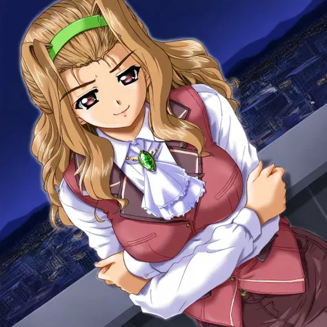 half updo, bow, long sleeves, vest, ascot, white ascot, red vest, collared shirt, gemstone,, city skyline, rooftop view, night time, city lights, quiet reflection, smile, looking at viewer, crossed arms, smug, solo,, dutch angle, cowboy shot,Tsukumo Yoshim...