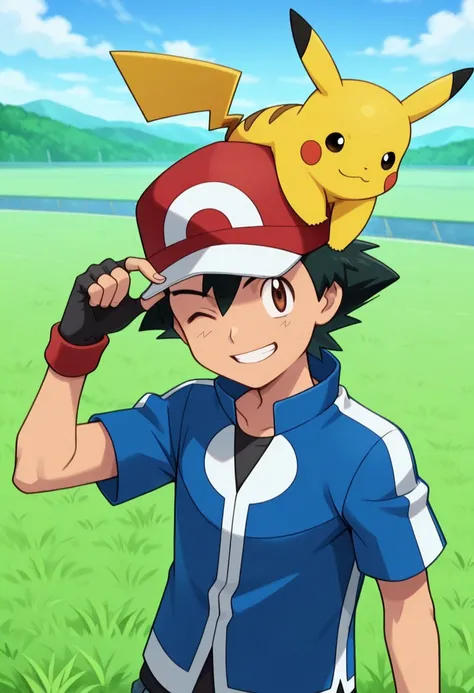 masterpiece, best quality, 
ashxyz, 1boy, male focus, solo, brown eyes, black hair, bangs, hat, baseball cap, red footwear, shirt, black shirt, jacket, blue jacket, short sleeves, gloves, black gloves, fingerless gloves, pikachu, pokemon (creature), pokemo...