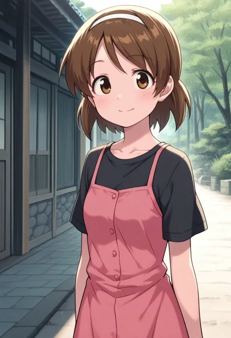 masterpiece, best quality, 
sanae, 1girl, solo, brown eyes, brown hair, hairband, short hair, shirt, black shirt, short sleeves, dress, pink dress, dress over shirt, smile,
outdoor,