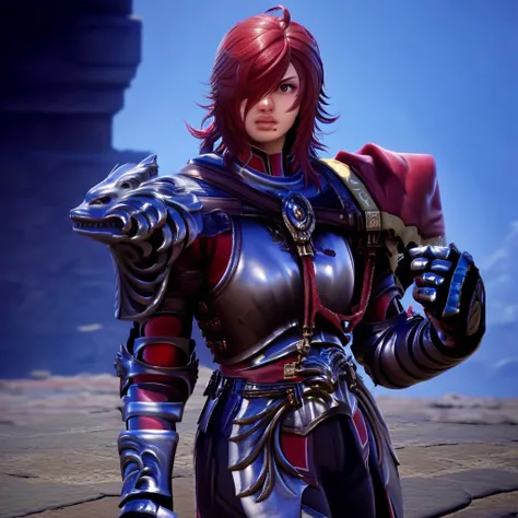 Score_9_up, score_8_up, score_7_up, source_realistic, cowboy shot, BREAK 1girl, solo, scfourhilde, red hair, hair over one eye, lips, mole, breastplate, armor, gauntlets, asymmetrical shoulder armor,