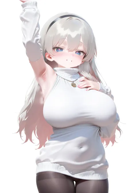 1girl,
breasts,pantyhose,large breasts,long hair,armpits,looking at viewer,blue eyes,detached sleeves,parted lips,white sweater,blush,sweater,arm up,dress,long sleeves,cowboy shot,grey hair,bangs,simple background,hairband,black pantyhose,gradient,thigh ga...