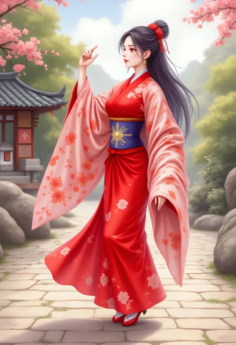 tina a woman in a red kimono,A full-body shot of a graceful girl dancing in an ancient garden, wearing a flowing traditional gown, one hand raised towards the sky, the other hand extended gently, her body in a light spin, skirt flowing like clouds, distant...