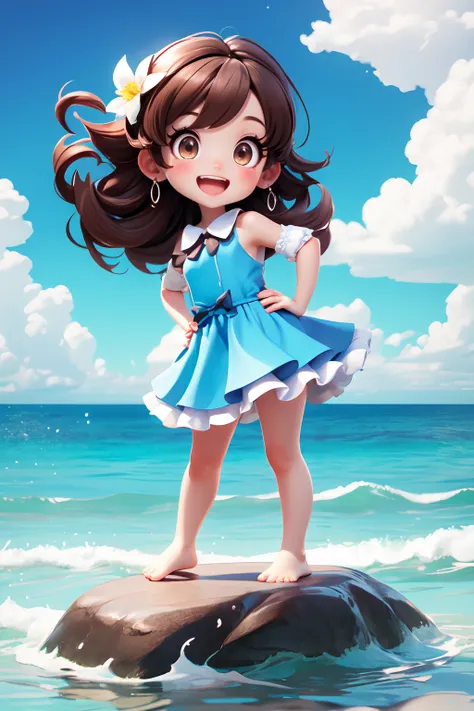 masterpiece,best quality,dramatic, 1girl, solo, long hair, brown hair, detached sleeves, open mouth, smile, outdoors, water, sky, day, hand on hip, hair ornament, pointing, cloud, ocean, dress, blush, blue dress, wading, blue sky, bow, standing, :d, frills...