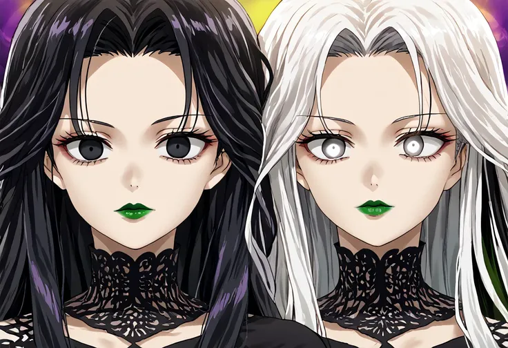 anime, empty eyes, hypnotized, lipstick, black lipstick, green lipstick, blue lipstick, yellow lipstick, red lipstick, purple lipstick, colorful lips, females, adult, casual dress, long hair, black hair, white hair, black eyes, white eyes, twins, close up