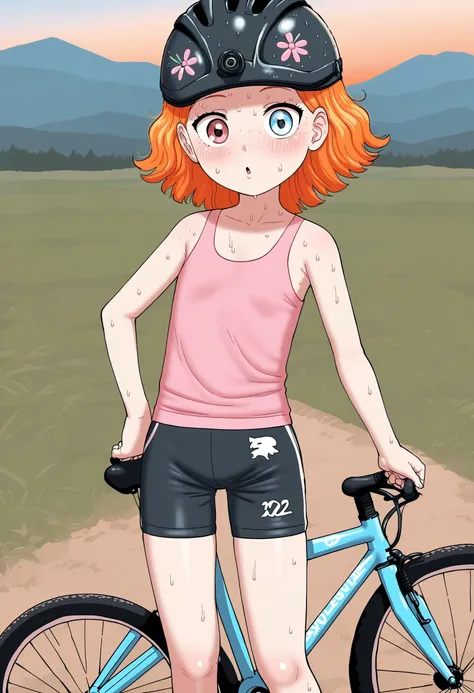 masterpiece, best quality, good quality, absurdres,  1girl,  (pale skin,( white skin:0.75),:0.75) suzieq, child, aged down, freckles, female child,:o,heterochromia, looking at viewer, orange hair, medium hair,  hair ornament, hair flower,  biking shorts, r...