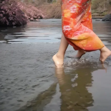 Anime ,girl in colorful kimono, barefoot , Wading,Ankle deep water, feet in water, in shallow water,