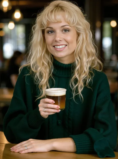 A professional photograph of a young woman Tina_Hayes wearing a dark green cableknit sweater in a cafe, holding a latte. Curly blonde hair, light make-up, detailed skin, bokeh, female focus, (SFW), smile <lora:Tina_Hayes:1>