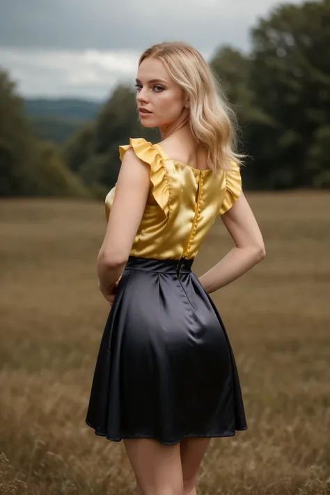 cinematic still , photo  ,  (best quality),  (realistic), (intricate),  <lora:PeytonKinslyQuiron_v04i01e25t05_Lora:1> peytonkinslyQuiron  , makeup,  Prada yellow satin midi dress with ruffles, standing with one hand on hip and one leg slightly bent, . emot...