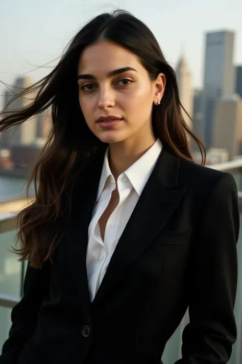 a stylish fashion shoot of melissabflx, a woman with long dark brown hair, wearing a black suit jacket, a white collared shirt. Her earring is adorned with a small silver earring. The backdrop is a cityscape. High end fashion pottfolio lighting with subtle...