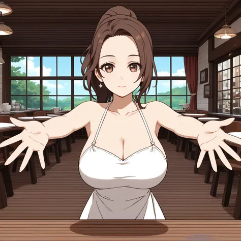 score_9, score_8_up, score_7_up, anime_source, best quality, masterpiece, 1girl, solo focus, solo, uncensored, Expressiveh, 

selena, brown hair, ponytail, brown eyes, big breasts,

white dress,

pov, arms outstretched,

detailed eyes,

detailed background...