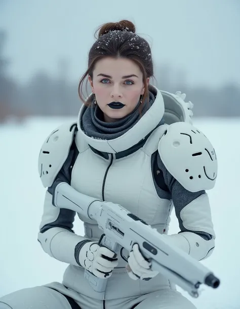 8k hdr.   <lora:abeaflux1a-000001:1>   She is a young woman with a fair complexion and styled brunette hair, styled in an elegant updo with a few loose strands.  she is a kneeling in the snow while wearing a space marine wearing  matte black lip color  is ...