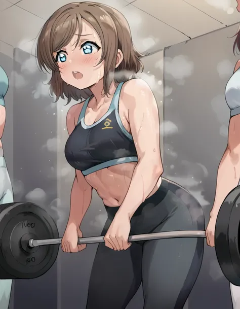 score_9, score_8_up, score_7_up, source_anime, <lora:you-watanabe-s2-ponyxl-lora-nochekaiser:1>, you watanabe, blue eyes, brown hair, short hair, swept bangs, medium breasts, <lora:dead-lift-ponyxl-lora-nochekaiser:1>, dead lift, holding, exercise, weightl...