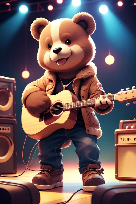 Masterpiece, best quality, Animal-personified bear , 1  bear, playing guitar in a club,  jacket,<lora:GoodHands-beta2:1>