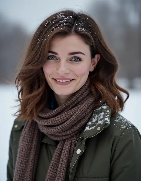 8k hdr.   <lora:abeaflux1a-000001:1>   She is a Caucasian woman with fair skin, striking blue eyes, and styled medium-length, wavy brown hair. She has a slender,  wearing winter clothes thick jacket, sweater and scarf, snow is accumulating on her  hair, sh...