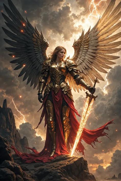 An ethereal angel stands in haunting splendor, their majestic wings embodying duality: one radiant and pure, glowing with divine light, the other dark and drenched as if dipped in blood. Their celestial armor gleams with a timeless brilliance, scarred from...