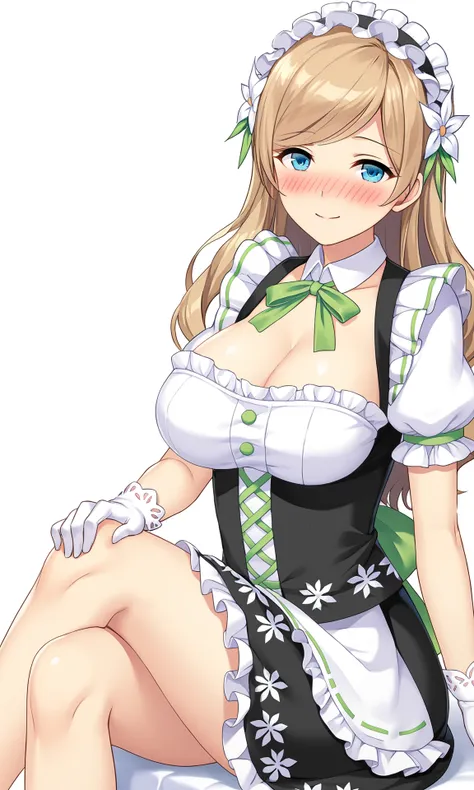 game cg,
gelannioutfit04, 1girl, looking at viewer, long hair, maid headdress, hair flower, blue eyes, swept bangs, large breasts,cleavage,
ribbon trim, maid dress, green bow, puffy short sleeves, white gloves,
from side, crossed legs, hand on thigh, sitti...