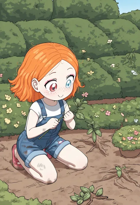 masterpiece, best quality, good quality, absurdres,  1girl,  (pale skin,( white skin:0.75),:0.75) suzieq, (child, aged down,:1.25) makeup, freckles, female child,c:,heterochromia,orange hair, medium hair, overalls,  shirt, kneeling, garden, gardening glove...