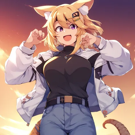 kaauchi, score_9, score_8_up, score_7_up, score_6_up, solo, source_anime, 1girl, outdoors, looking at viewer, purple eyes, animal ears, animal ear fluff, blonde hair, hair ornament, hairclip, large breasts, lizard tail, jacket, white jacket, long sleeves, ...