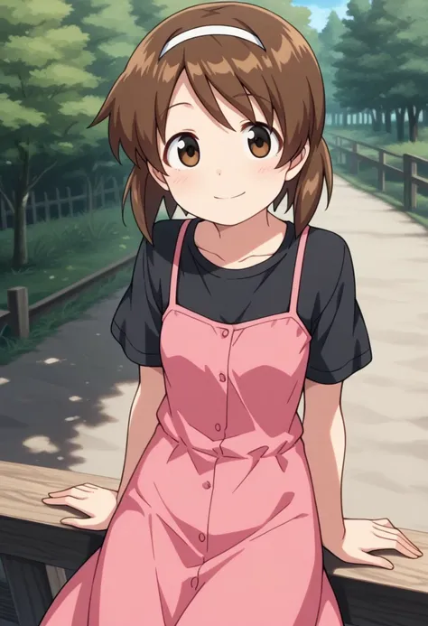 masterpiece, best quality, 
sanae, 1girl, solo, brown eyes, brown hair, hairband, short hair, shirt, black shirt, short sleeves, dress, pink dress, dress over shirt, smile,
outdoor,