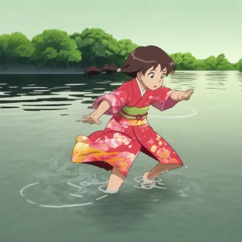 Anime ,girl in colorful kimono, barefoot , Wading,Ankle deep water, feet in water, in shallow water,