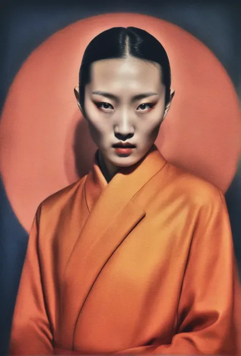 porodelis, asian girl, surrealist experimentation combining melancholy and darkness, fashion photography, advertising and contemporary art. Influence of German Expressionism, Dynamic compositions and dramatic plays of colours light. Ultra Realistic. Retro...