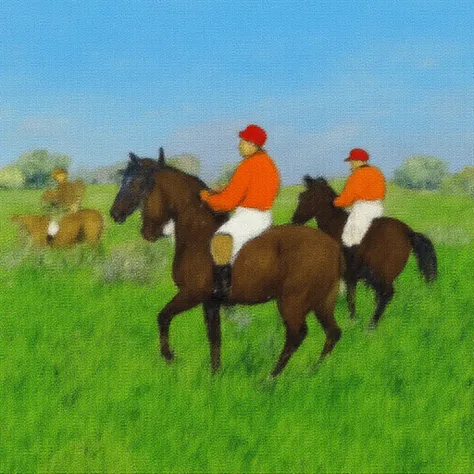 edgardegas, Impressionism style. Edgar Degas, a digital painting in a realistic, hyper-realistic style, depicting a group of men riding horseback in a lush, green meadow, the men are dressed in bright colors, including red caps, white pants, and orange shi...