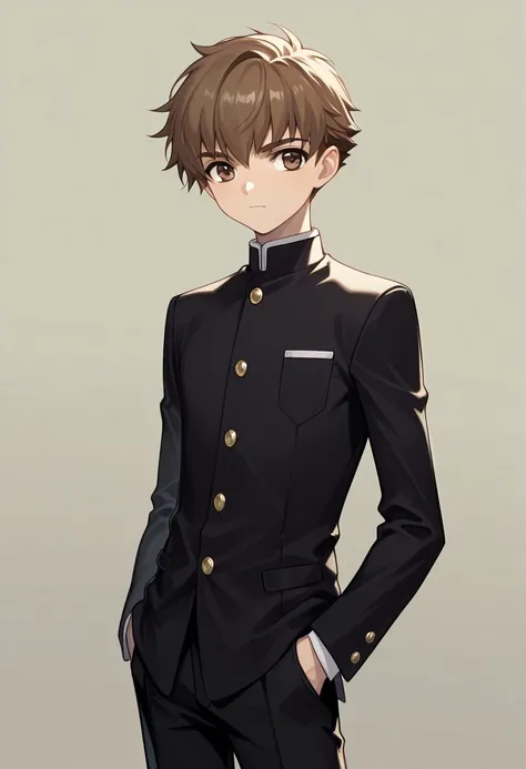 masterpiece, best quality, 
shaoran, 1boy, male focus, solo, brown eyes, brown hair, short hair, school uniform, gakuran, jacket, black jacket, long sleeves, buttons, pants, black pants,
indoor,