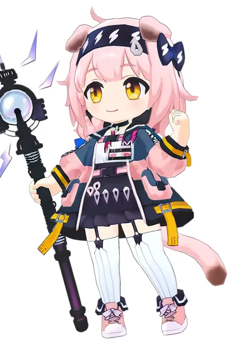 chibi, 1girl, goldenglow (arknights), solo, tail, animal ears, cat tail, pink footwear, pink hair, cat ears, full body, staff, holding staff, black hairband, holding, jacket, hairband, white thighhighs, black skirt, puffy long sleeves, shirt, thighhighs, l...