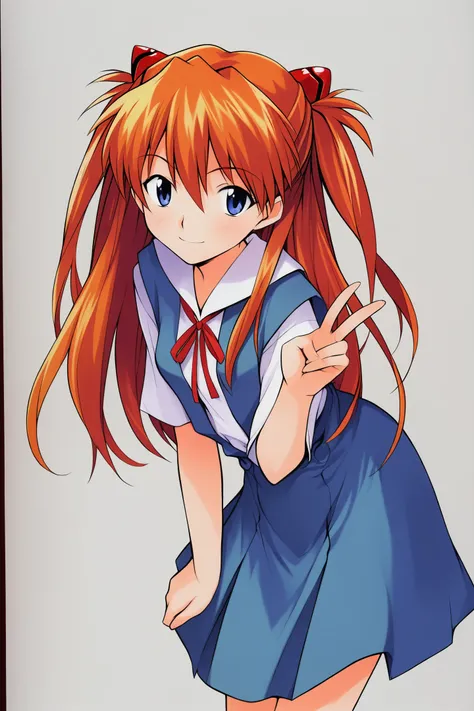 1girl,souryuu asuka langley,solo,long hair,school uniform,blue eyes,smile,white background,ribbon,shirt,simple background,v,orange hair,short sleeves,skirt,red ribbon,neck ribbon,white shirt,bangs,hair between eyes,looking at viewer,tokyo-3 middle school u...