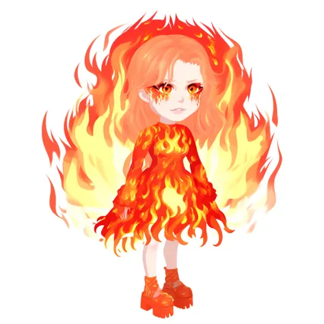 anime avatar, 1girl, pale skin, glowing eyes, flamming hair, fire dress, white background