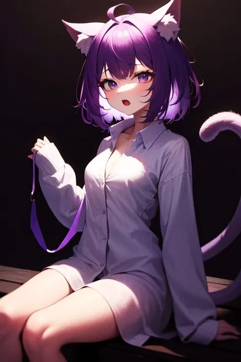 masterpiece, best quality, 32k, high resolution, absurdres, naked white shirt, animal ear fluff, cowboy shot, sitting, sleeves past wrists, ribbon, tail, purple hair, medium hair, unbuttoned, open mouth