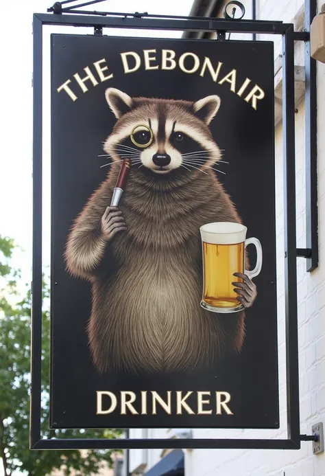 A traditional English pub sign, The image on the sign shows a raccoon wearing a monocle, holding a cigar in one paw and a pint of ale in the other, the text at the top says "The Debonair Drinker".

