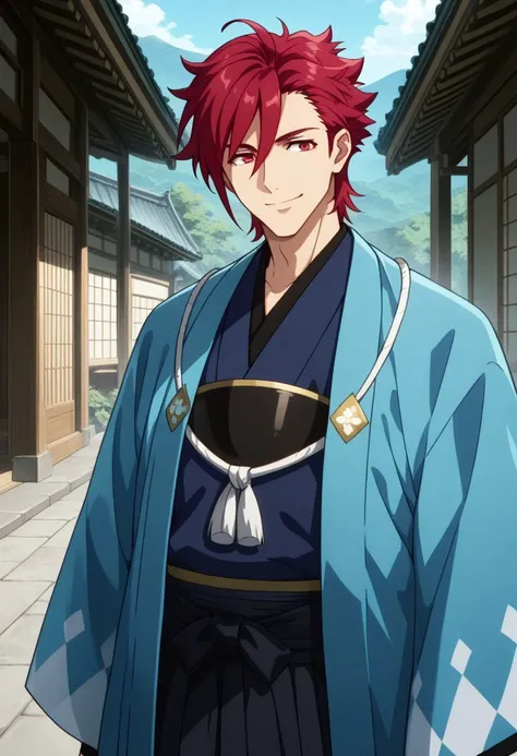 masterpiece, best quality, 
arcberg, 1boy, male focus, solo, red eyes, red hair, short hair, japanese clothes, kimono, haori, blue kimono, sash, smile
outdoor,