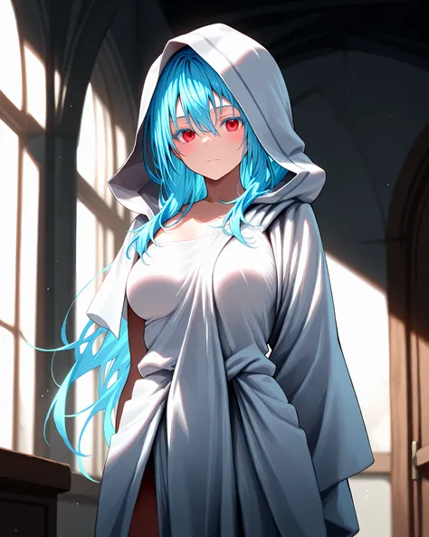 masterpiece, best quality, highly aesthetic, absurdres,  <lora:CielV3:1>, ciel_raphael, blue hair, long hair, hair between eyes, colored eyelashes, bangs, medium breasts, indoors, 1girl, solo, looking at viewer, cowboy shot, arms behind back, blush, hood, ...