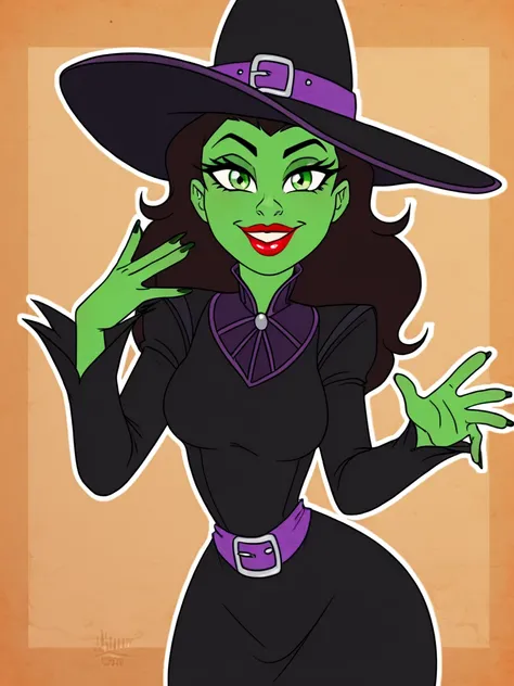 1girl, solo, looking at the viewer, ,  flirty, cowboy shot, rating_questionable, smiling, mischievous,
<lora:Elphaba:1> elphaba, witch hat, green skin, green eyes, black hair, black dress, lipstickâââ