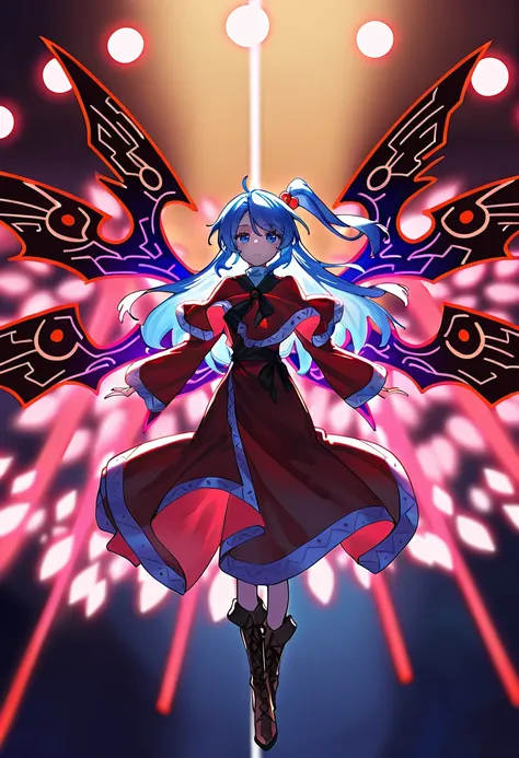 (explict), 1girl, ILshinki(touhou), black wings, hair bobbles, hair ornament, white hair, one side up, long hair, dress, brown boots, multiple wings, red capelet, long sleeves, looking at viewer, no emotions, shine, multiple color danmaku, laser from wings...