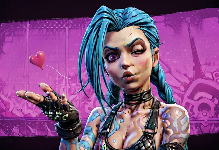 BLSplash,Jinx, blue hair,long pigtails, blowing kiss, perfect face,OverallDetail,cleavage,perfect face,high res