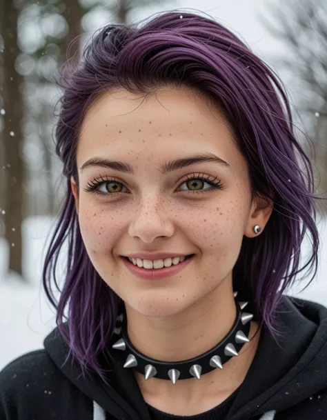 hyperrealistic art abstract, 1girl, solo, 25 years old, perfect face, close view, (adult), sexy, dark purple hair, spiked hair, ear piercing, spiked collar, black hoodie, winter, blush, shy smile, portrait, face focus, depth of field, looking at viewer,, d...