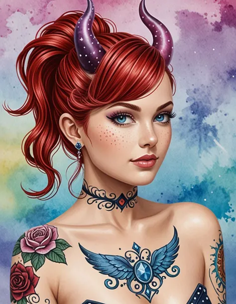 ethereal fantasy concept art of  A vibrant portrait of a tattooed pin-up woman with a stunning ponytail and devil horns, set against a watercolor backdrop of graffiti, showcasing a beautiful and stunning artwork in a retro punk style., detailed skin textur...