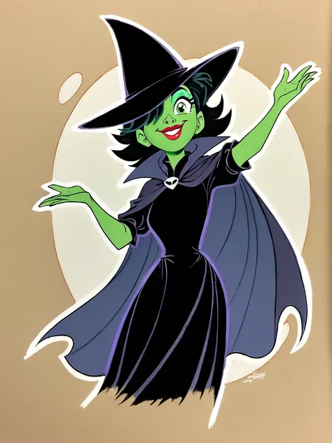 score_9, score_8_up, score_7_up, rating_questionable, zPDXL,  1girl, solo, ,  flirty, cowboy shot, rating_questionable, smiling, mischievous, traditional media, cape, flying,
<lora:Elphaba:1> elphaba, witch hat, black hair, green skin, green eyes,, black d...