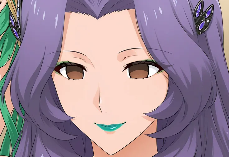 anime, empty eyes, hypnotized, two females, lipstick, red lipstick, yellow lipstick, green lipstick, blue lipstick, purple lipstick, black lipstick, glossy lips, wet lips, sexy smile, adult, casual dress, long hair, hair decoration, close up, hand on head