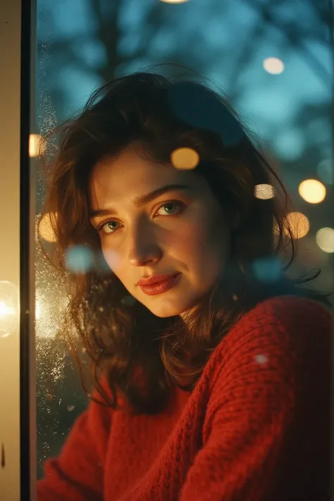 A captivating 35mm film shot unfolds, and the camera captures a woman through a frosted window. Wearing a red Christmas sweater, she looks directly at the viewer, her skin glows under her tousled hair, partially obscuring her face. The soft lighting illumi...