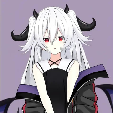 PhaseAiko, demon horns, bangs, long hair, hair between eyes, red eyes, two side up, white hair, demon wings, black dress, sleeveless shirt, black jacket, off shoulder, bare shoulders,