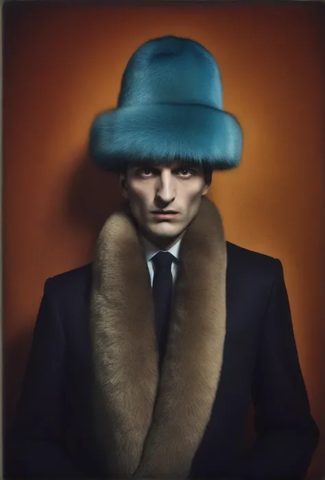 porodelis, man with fur hat, surrealist experimentation combining melancholy and darkness, fashion photography, advertising and contemporary art. Influence of German Expressionism, Dynamic compositions and dramatic plays of colours light. Ultra Realistic....